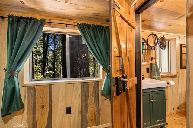 bathroom featuring vanity, wood-type flooring, a healthy amount of sunlight, and wooden walls