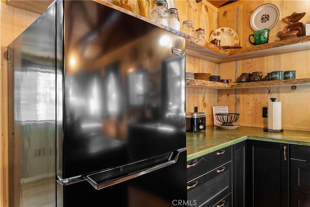 17040 Edgewood Way, Cobb, CA 95461 - kitchen featuring freestanding refrigerator, dark cabinets, and open shelves