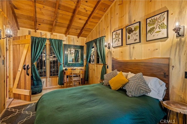 bedroom featuring lofted ceiling with beams, wooden ceiling, and wood walls