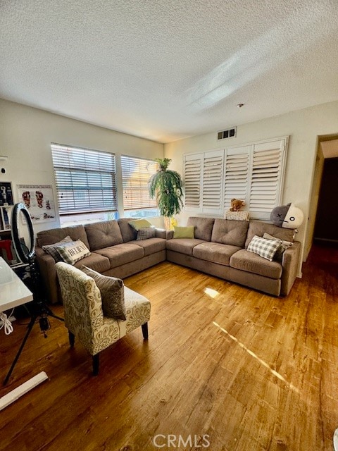 living room with a textured ceiling and hardwood / wood-style flooring