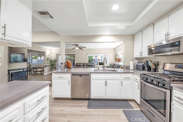 kitchen with kitchen peninsula, white cabinetry, sink, and stainless steel appliances