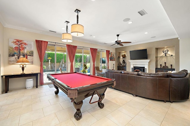 game room with light tile patterned floors, ceiling fan, ornamental molding, and billiards