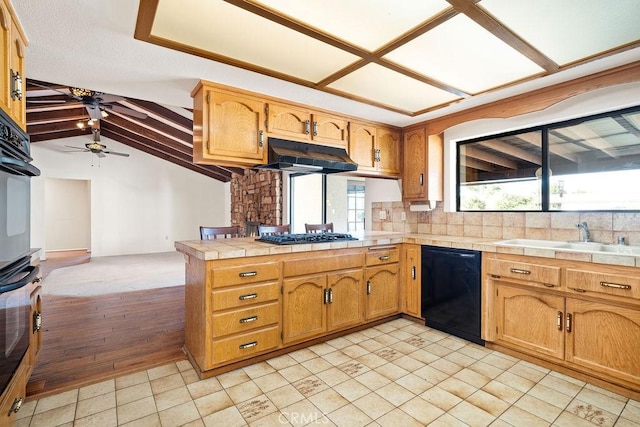 kitchen featuring sink, a wealth of natural light, black appliances, and kitchen peninsula