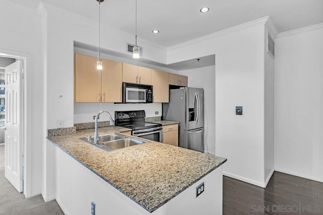 kitchen featuring light brown cabinetry, decorative light fixtures, sink, kitchen peninsula, and stainless steel appliances