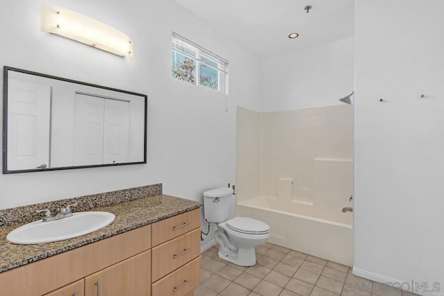 full bathroom with toilet, shower / bathtub combination, vanity, a wall unit AC, and tile patterned flooring