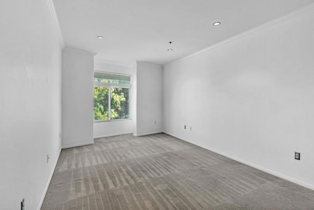 carpeted spare room with crown molding