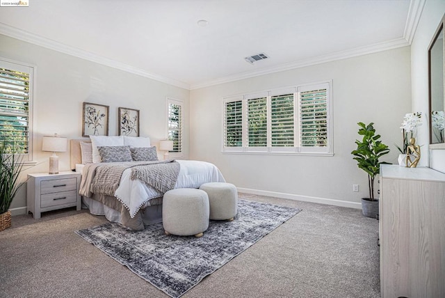 carpeted bedroom featuring ornamental molding