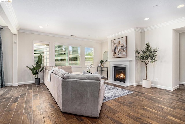 living room with ornamental molding and dark wood-type flooring