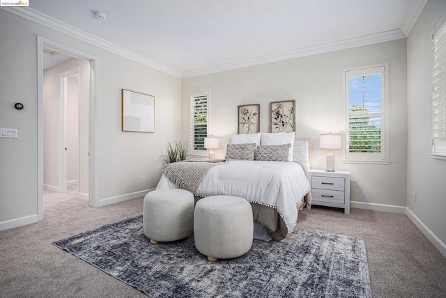 bedroom with carpet floors and crown molding