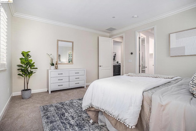 bedroom featuring crown molding and light carpet