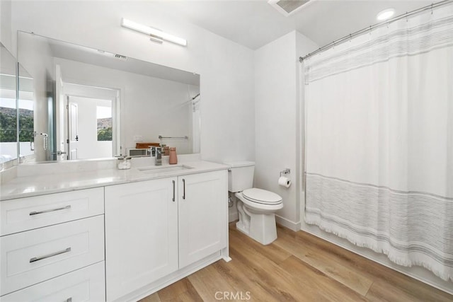 bathroom with hardwood / wood-style floors, vanity, and toilet