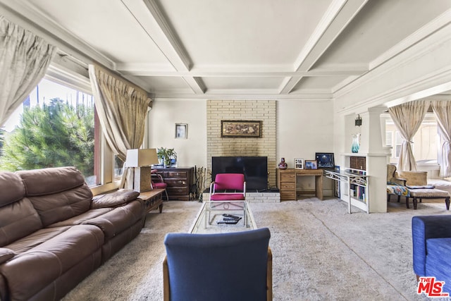 living room featuring carpet floors, coffered ceiling, a fireplace, and beam ceiling