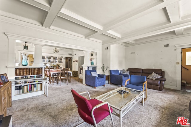 carpeted living room with coffered ceiling, beamed ceiling, crown molding, and decorative columns