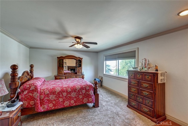 bedroom with crown molding, light carpet, and ceiling fan