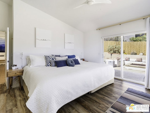 bedroom with ceiling fan, lofted ceiling, dark hardwood / wood-style floors, and access to outside