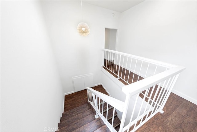 staircase with hardwood / wood-style floors