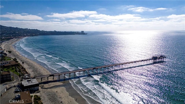 bird's eye view with a beach view and a water view