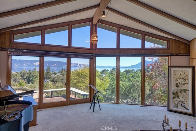 carpeted living room featuring wood walls, beam ceiling, a mountain view, and plenty of natural light