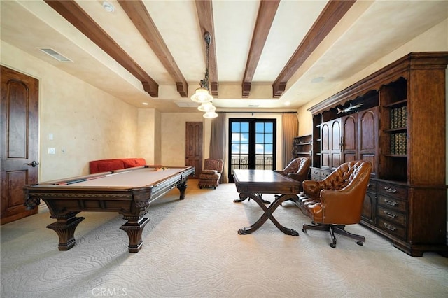 recreation room with french doors, light colored carpet, beam ceiling, and billiards