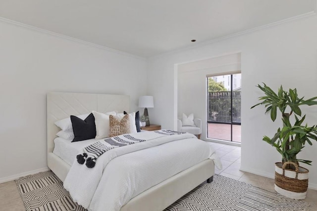 tiled bedroom featuring access to exterior and ornamental molding