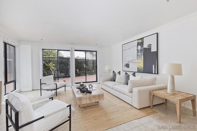 tiled living room with crown molding