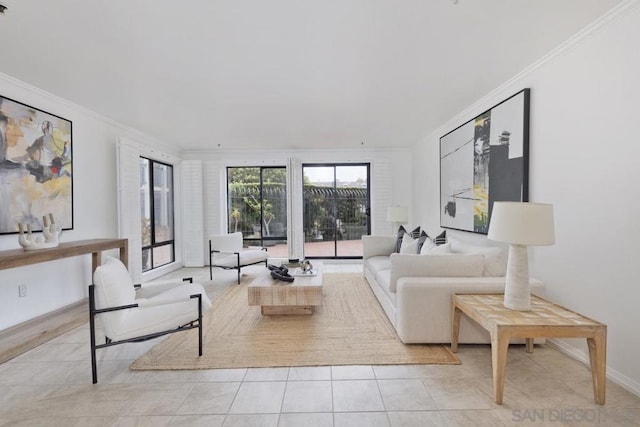 living room featuring light tile patterned floors and crown molding