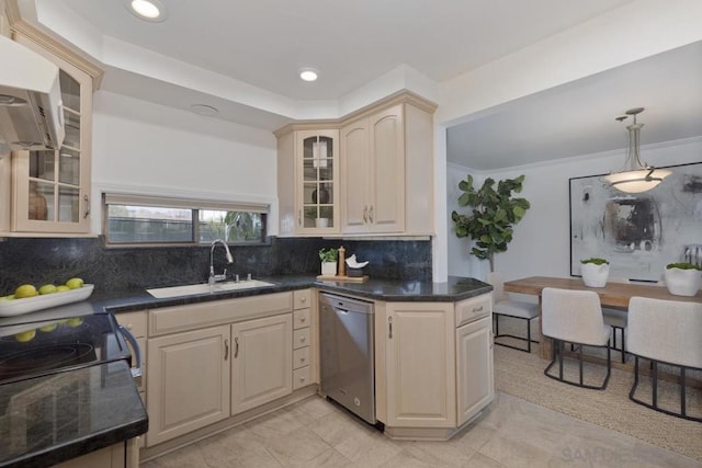 kitchen with pendant lighting, sink, light tile patterned flooring, decorative backsplash, and stainless steel dishwasher