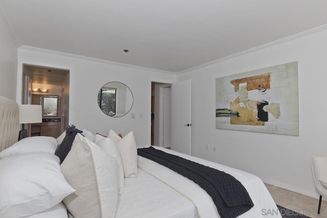 bedroom with light tile patterned floors and crown molding