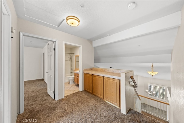 interior space featuring light carpet and a textured ceiling