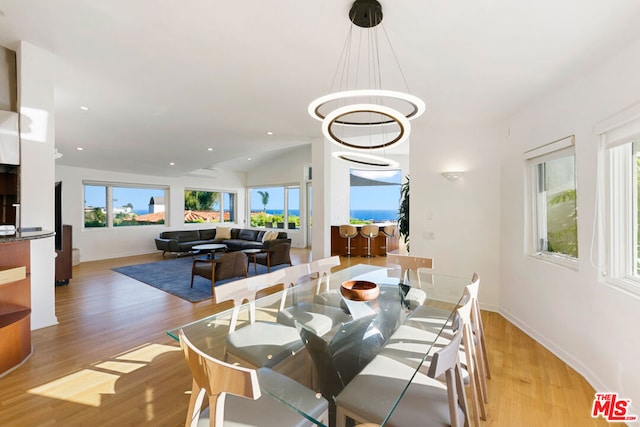 dining room with light hardwood / wood-style flooring and lofted ceiling