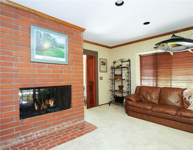 carpeted living room with crown molding and a fireplace