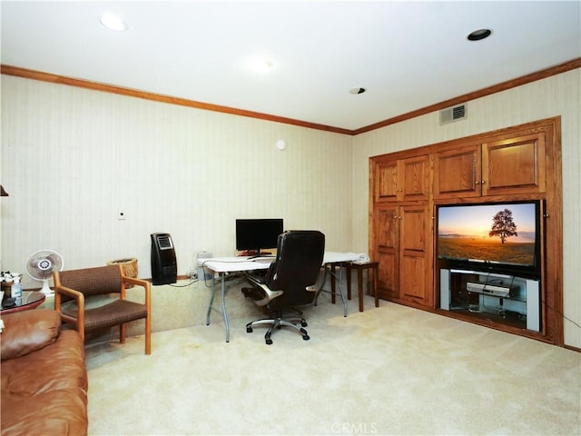 carpeted office featuring crown molding