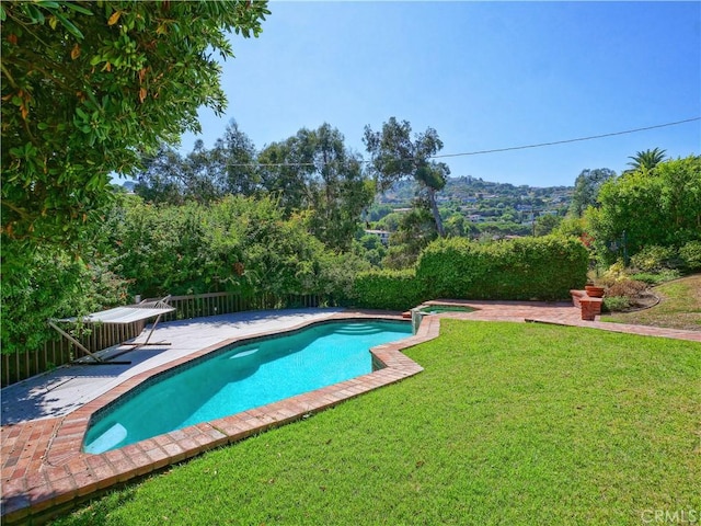 view of swimming pool with a yard and a patio area