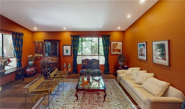 living room featuring lofted ceiling and hardwood / wood-style flooring