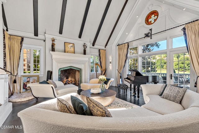 living room with high vaulted ceiling, wood-type flooring, and beam ceiling