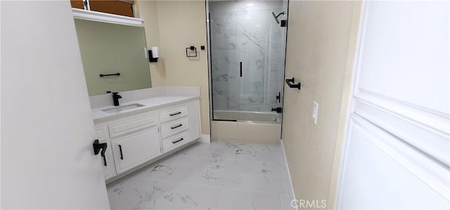 full bath with bath / shower combo with glass door, vanity, and marble finish floor
