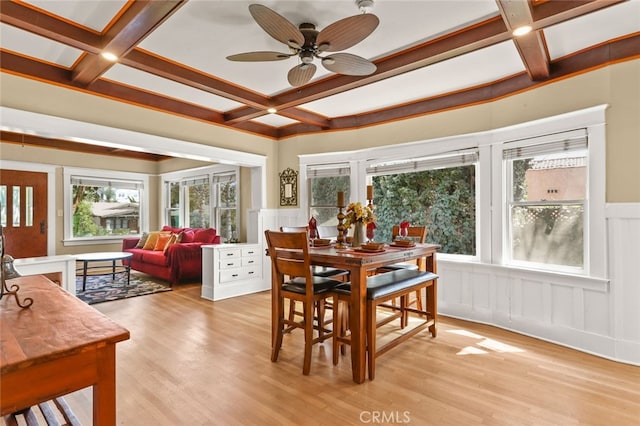 sunroom / solarium with beamed ceiling, coffered ceiling, and ceiling fan