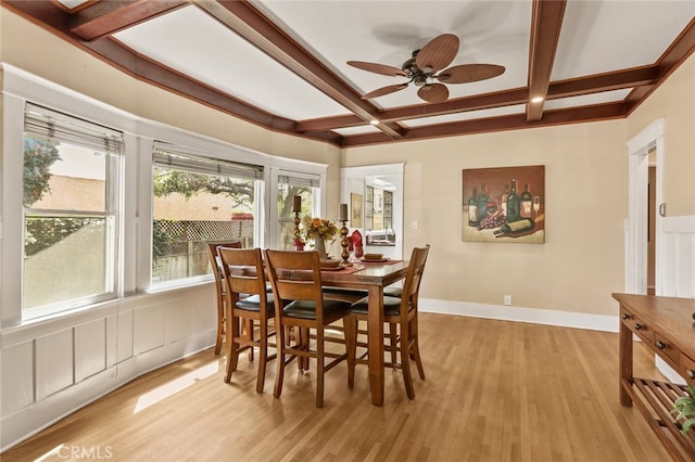 dining room with ceiling fan, coffered ceiling, beamed ceiling, and light wood-type flooring