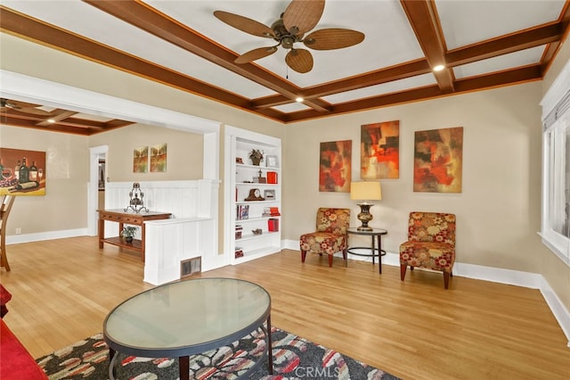 221 Termino Ave, Long Beach, CA 90803 - sitting room featuring a ceiling fan, coffered ceiling, wood finished floors, baseboards, and beamed ceiling