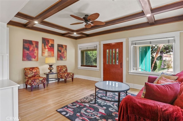 221 Termino Ave, Long Beach, CA 90803 - sitting room with coffered ceiling, light wood-type flooring, baseboards, beamed ceiling, and ceiling fan