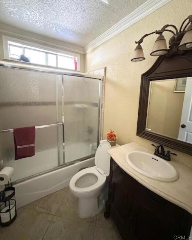 full bathroom with shower / bath combination with glass door, a textured ceiling, plenty of natural light, and ornamental molding