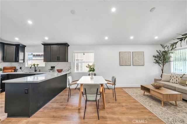 kitchen with light hardwood / wood-style floors, sink, a wealth of natural light, and tasteful backsplash