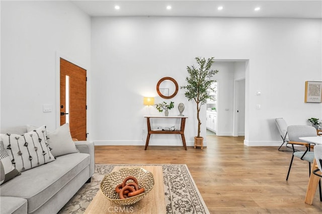 living room featuring light wood-type flooring and a towering ceiling