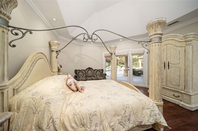 bedroom with ornamental molding, dark hardwood / wood-style flooring, and access to exterior