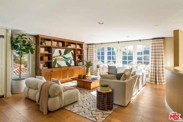 living room featuring french doors and light hardwood / wood-style floors