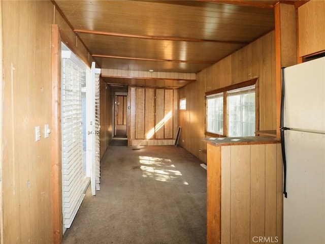 miscellaneous room with dark colored carpet, wood ceiling, plenty of natural light, and wood walls