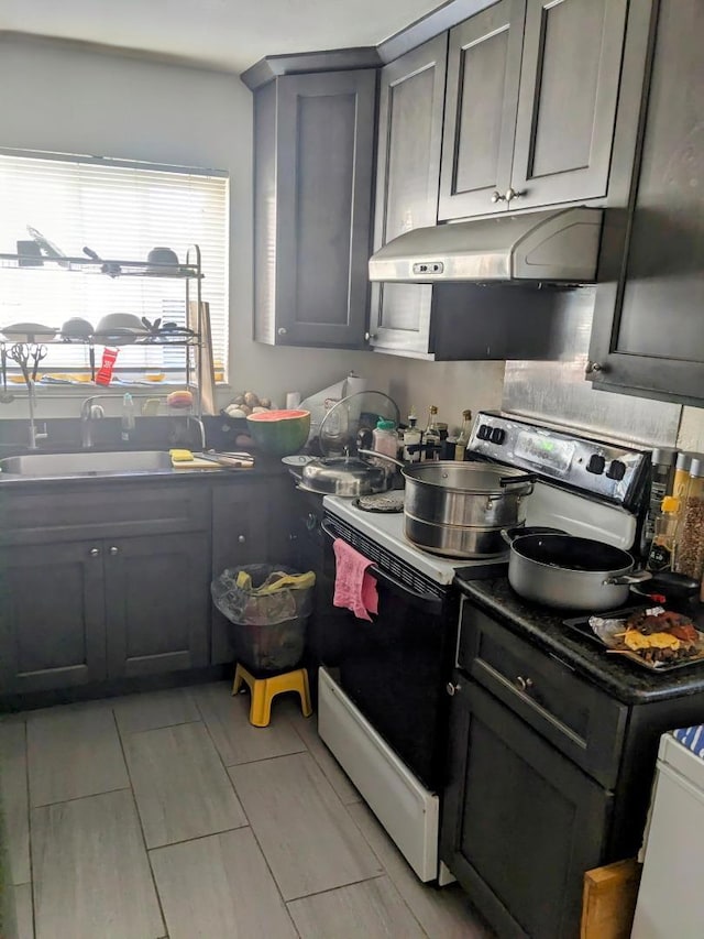 kitchen featuring sink, gray cabinets, and white range