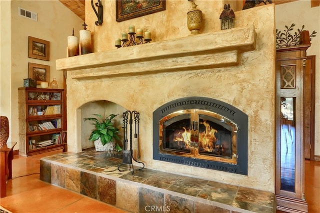interior details with a fireplace and visible vents