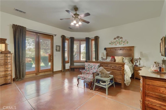 bedroom featuring access to exterior, visible vents, and a ceiling fan