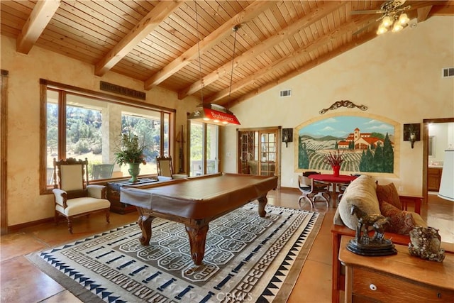 game room with baseboards, beam ceiling, pool table, and visible vents
